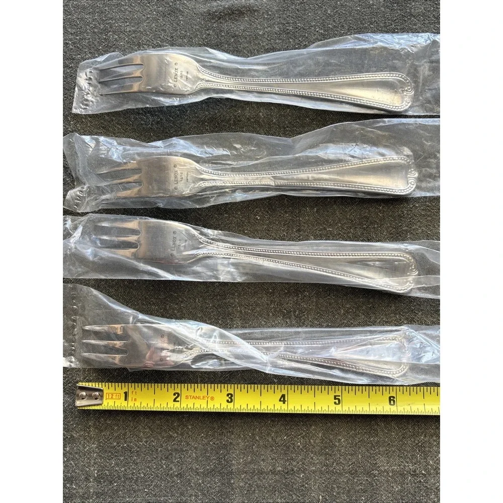 NEW Lenox BEAD‎ Stainless Flatware 4X Cocktail FORKS Plume Tip Beaded 18/10